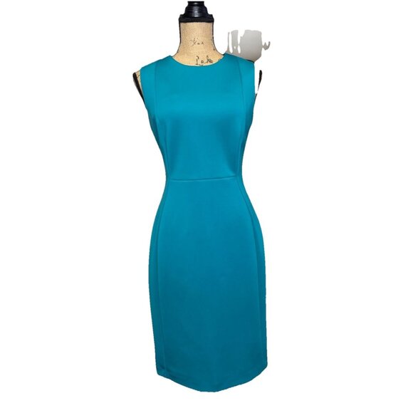 CALVIN KLEIN Green Scuba Sheath Dress Pencil Office Business Classic Career Sz 8 - Picture 1 of 8